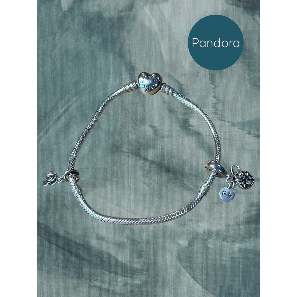 Pandora 925 Sterling Silver Bracelet with Rose Charm & Family Heart Dangle